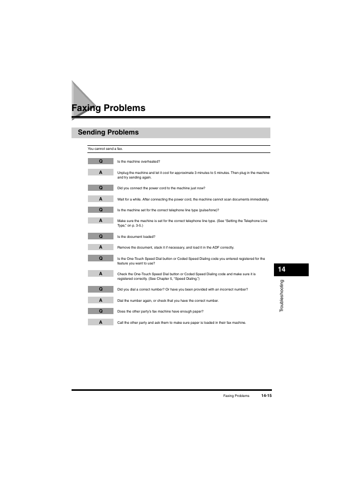 Faxing problems, Sending problems, Faxing problems -15 | Sending problems -15, See “faxing problems,” on p. 14-15 | Canon L380S User Manual | Page 163 / 224