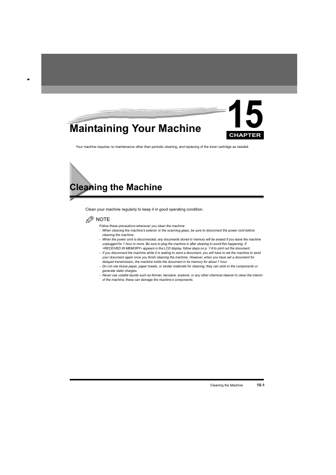 Maintaining your machine, Cleaning the machine, Chapter 15 | Cleaning the machine -1, See chapter 15, “maintaining your machine | Canon L380S User Manual | Page 174 / 224