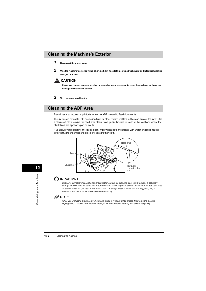 Cleaning the machine’s exterior, Cleaning the adf area, See “cleaning the adf area,” on p. 15-2 | 15 cleaning the machine’s exterior 1 | Canon L380S User Manual | Page 175 / 224