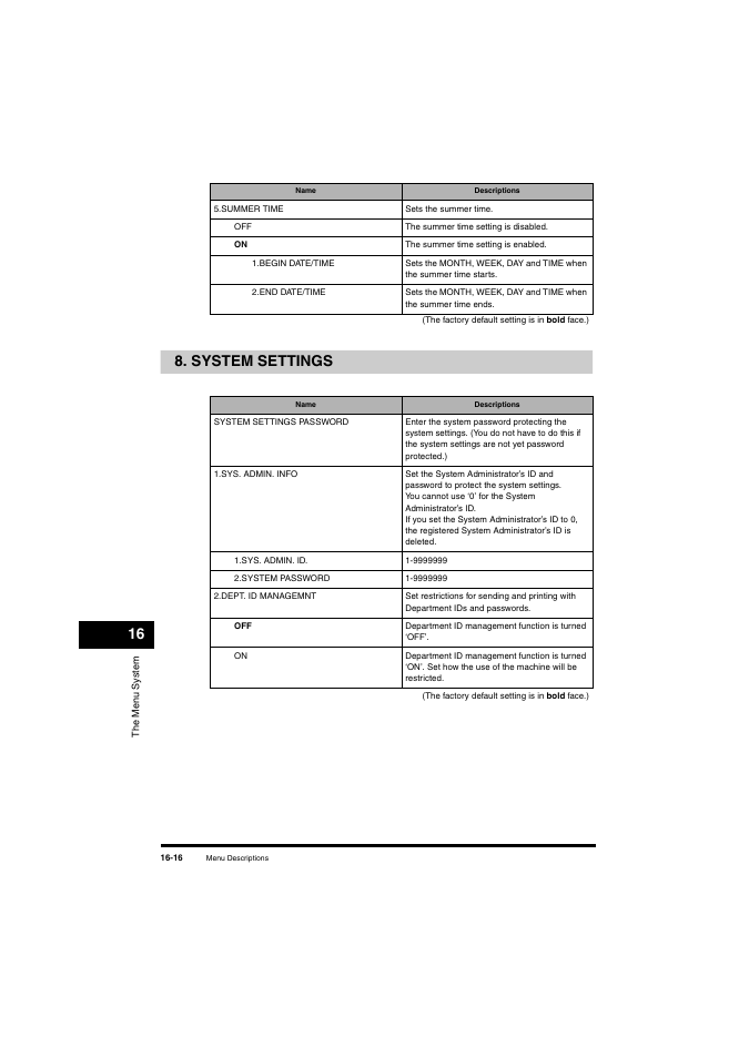 System settings, System settings -16, 16 8. system settings | Canon L380S User Manual | Page 194 / 224