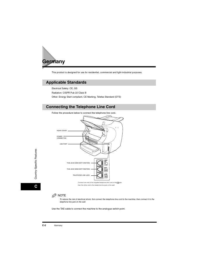 Germany, Applicable standards, Connecting the telephone line cord | Canon L380S User Manual | Page 211 / 224