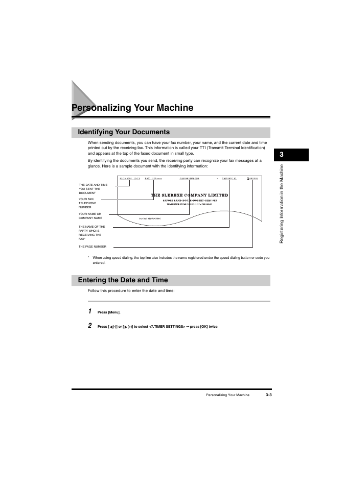 Personalizing your machine, Identifying your documents, Entering the date and time | Personalizing your machine -3 | Canon L380S User Manual | Page 44 / 224