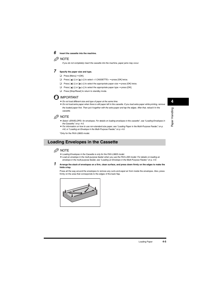 Loading envelopes in the cassette, Loading envelopes in the cassette -5 | Canon L380S User Manual | Page 52 / 224