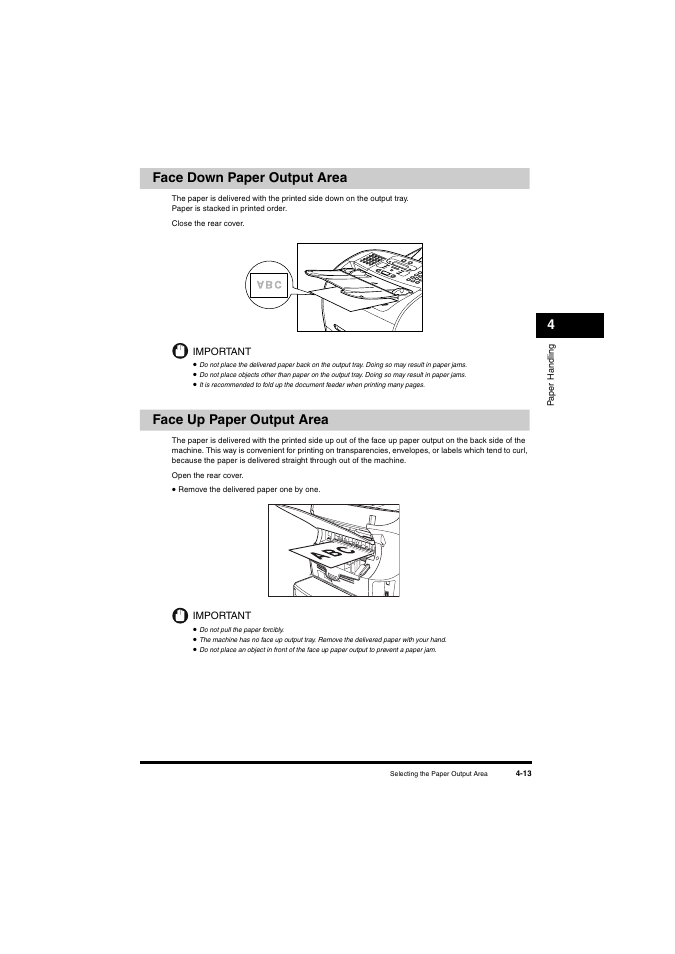 Face down paper output area, Face up paper output area, 4face down paper output area | Canon L380S User Manual | Page 60 / 224