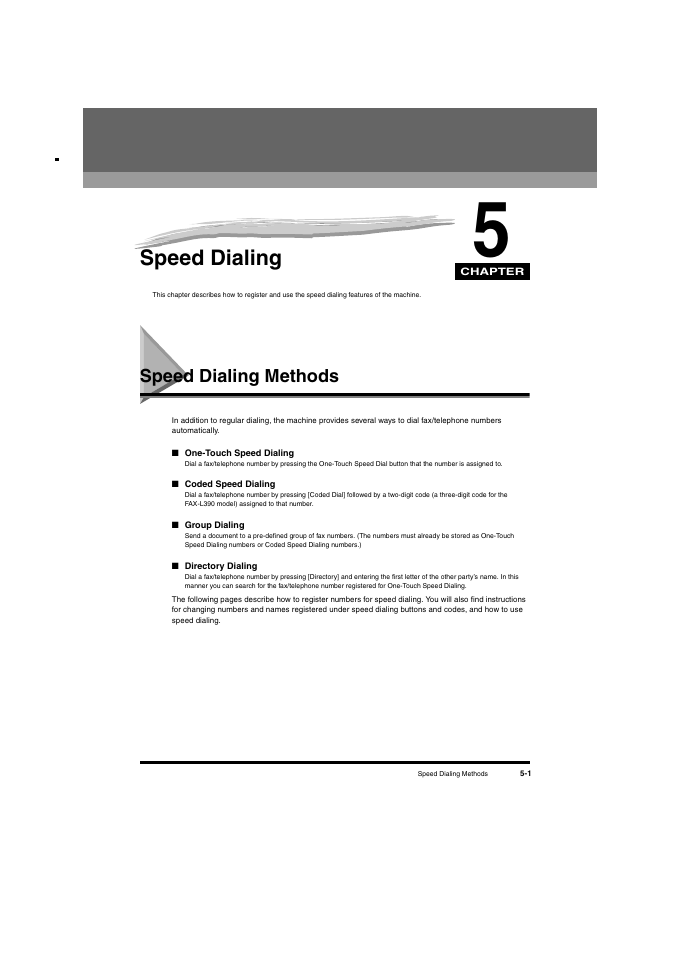 Speed dialing, Speed dialing methods, Chapter 5 | Speed dialing methods -1 | Canon L380S User Manual | Page 61 / 224