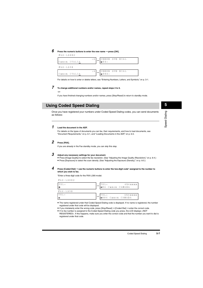 Using coded speed dialing, Using coded speed dialing -7 | Canon L380S User Manual | Page 67 / 224