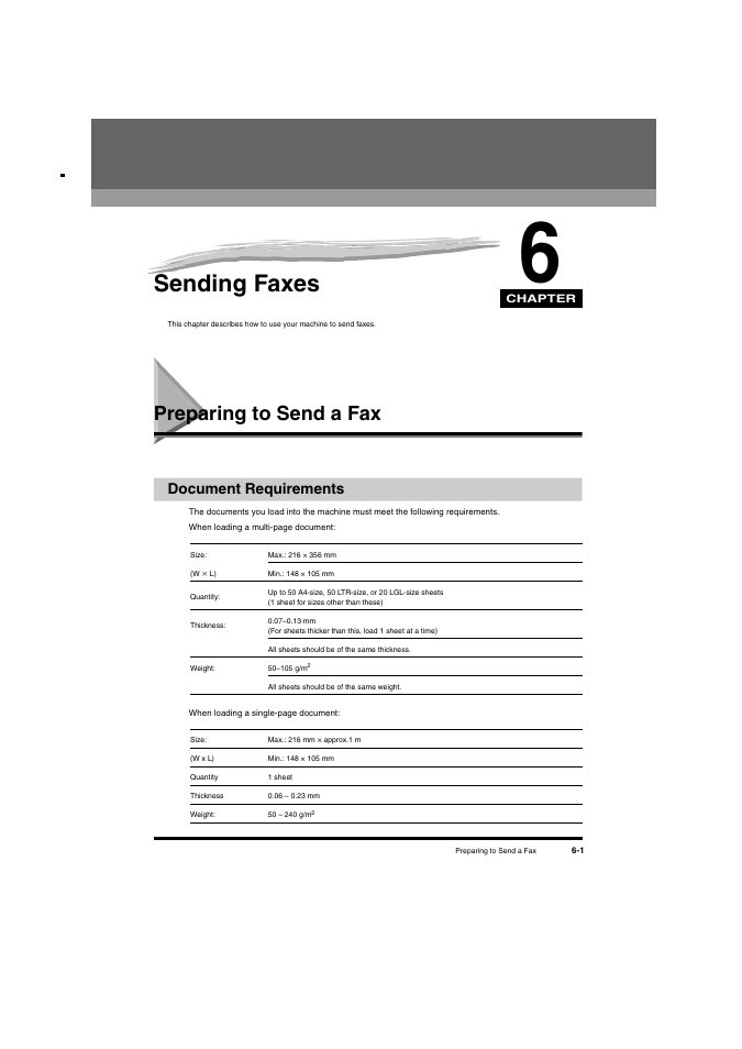 Sending faxes, Preparing to send a fax, Document requirements | Chapter 6, Preparing to send a fax -1, Document requirements -1, See “document requirements,” on p. 6-1 | Canon L380S User Manual | Page 74 / 224