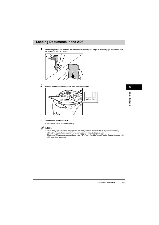 Loading documents in the adf, Loading documents in the adf -3, Loading documents in the adf,” on p. 6-3 | D “loading documents in the adf,” on p. 6-3, 6loading documents in the adf 1 | Canon L380S User Manual | Page 76 / 224