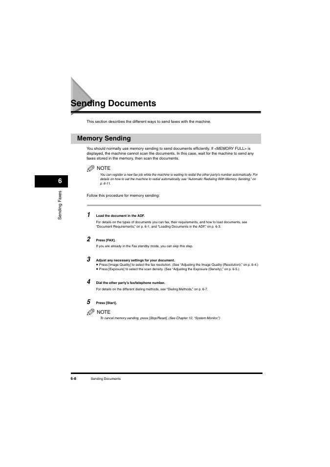 Sending documents, Memory sending, Sending documents -8 | Memory sending -8, See p. 6-8 f | Canon L380S User Manual | Page 81 / 224