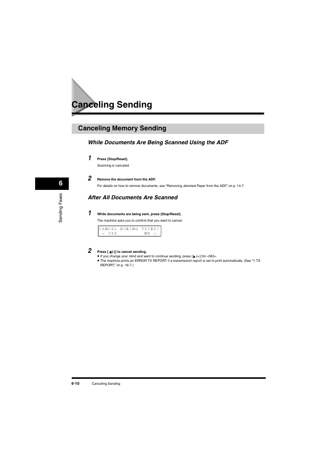 Canceling sending, Canceling memory sending, While documents are being scanned using the adf | After all documents are scanned, Canceling sending -10, Canceling memory sending -10 | Canon L380S User Manual | Page 83 / 224