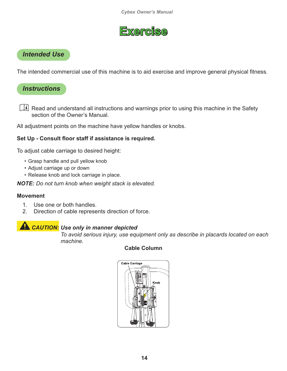 Exercise, Intended use, Instructions | Cybex 14220 VR3 Total Access Cable Column User Manual | Page 14 / 28
