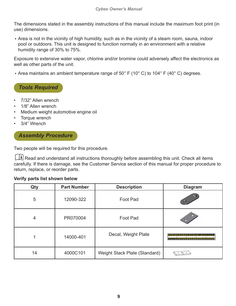 Tools required, Assembly procedure, Cybex owner’s manual | Cybex 14220 VR3 Total Access Cable Column User Manual | Page 9 / 28