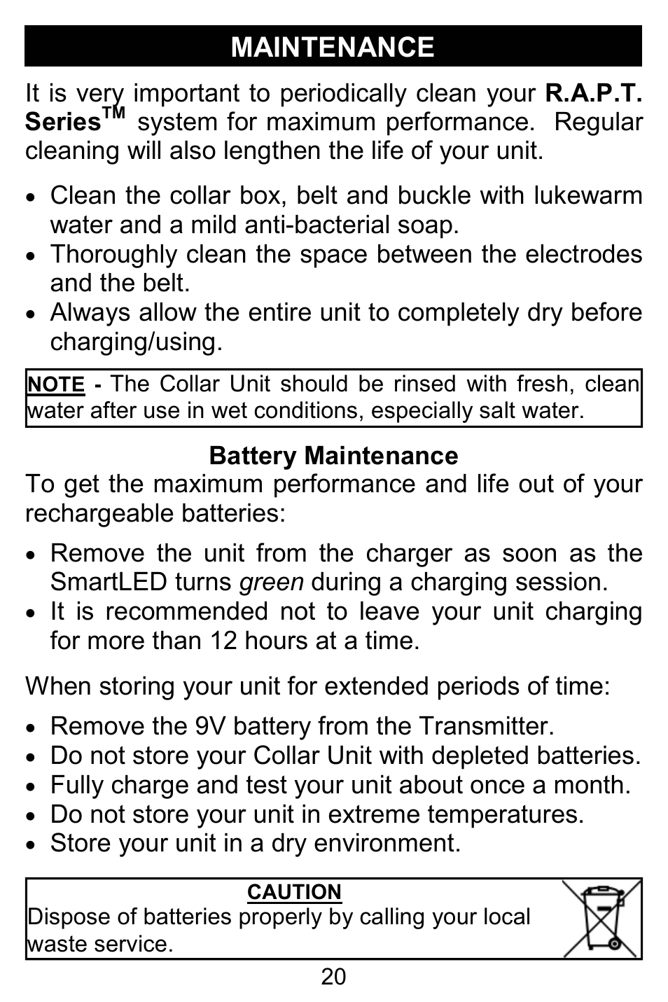 Maintenance, Remove the 9v battery from the transmitter, Fully charge and test your unit about once a month | Do not store your unit in extreme temperatures, Store your unit in a dry environment | D.T. Systems R.A.P.T. 1400 Series User Manual | Page 20 / 24