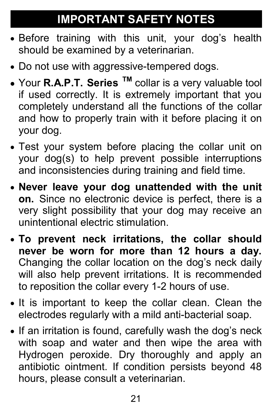 Do not use with aggressive-tempered dogs, Your r.a.p.t. series | D.T. Systems R.A.P.T. 1400 Series User Manual | Page 21 / 24