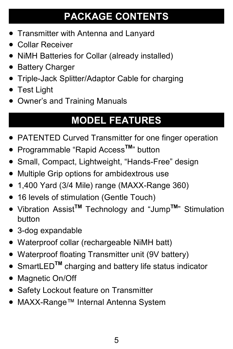 Package contents, Model features | D.T. Systems R.A.P.T. 1400 Series User Manual | Page 5 / 24
