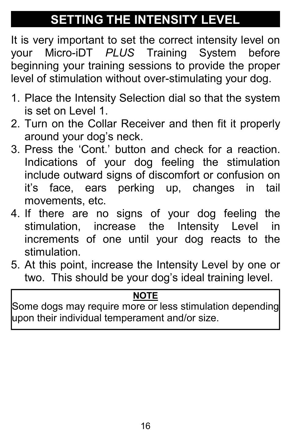 Setting the intensity level | D.T. Systems Micro-iDT PLUS with SmartLED User Manual | Page 16 / 20