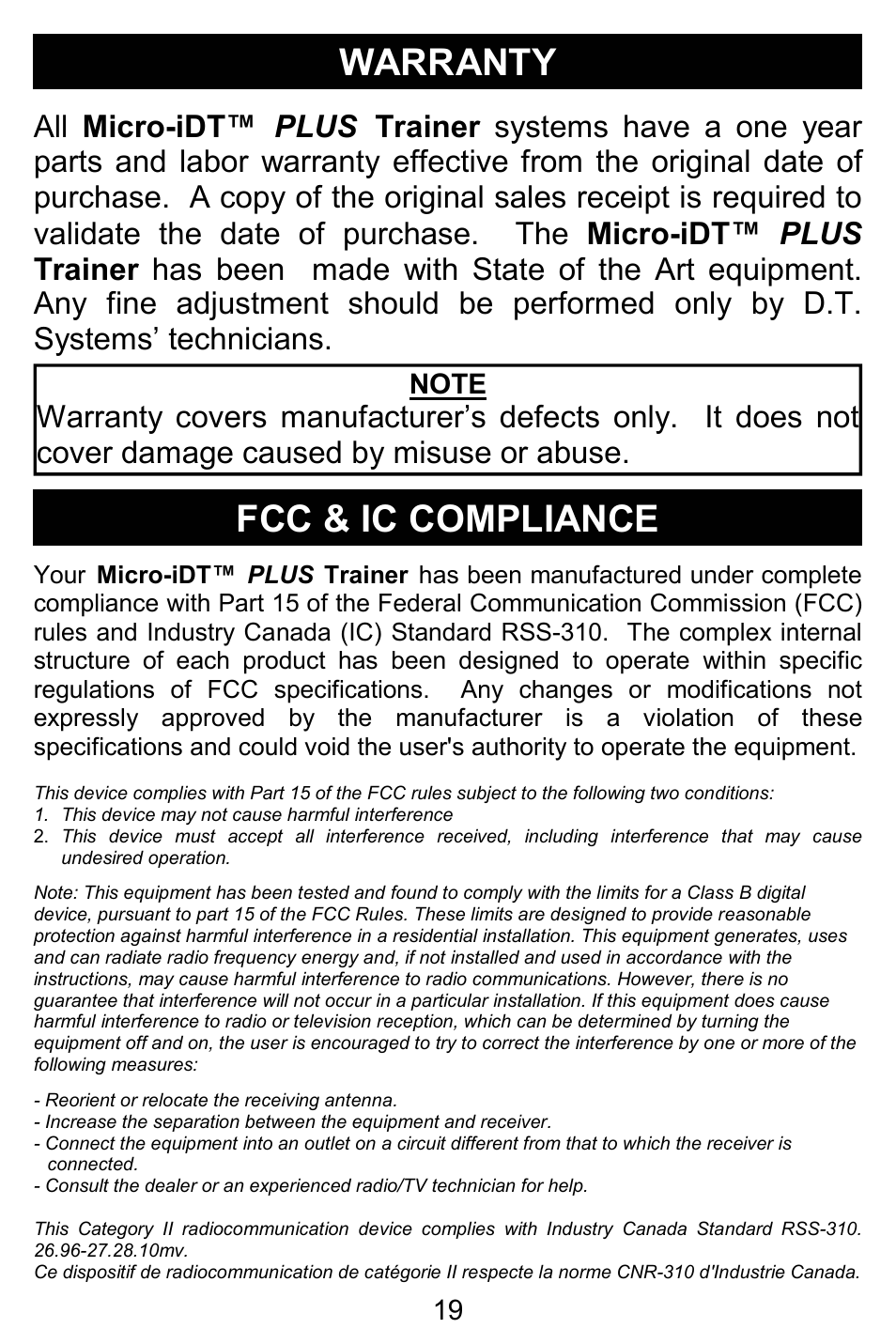 Warranty, Fcc & ic compliance | D.T. Systems Micro-iDT PLUS with SmartLED User Manual | Page 19 / 20