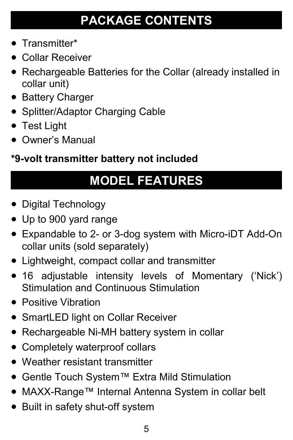 Package contents, Model features | D.T. Systems Micro-iDT PLUS with SmartLED User Manual | Page 5 / 20