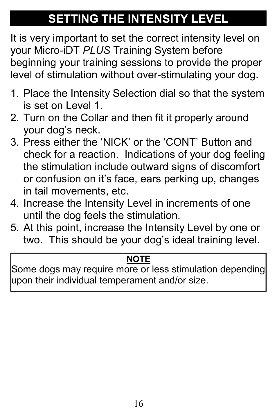 Setting the intensity level | D.T. Systems Micro-iDT PLUS User Manual | Page 16 / 20