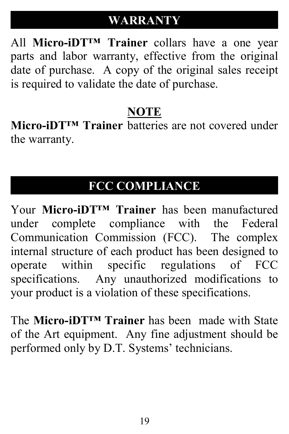 D.T. Systems Micro-iDT Z3000 (ex. serial #A12345) User Manual | Page 19 / 20