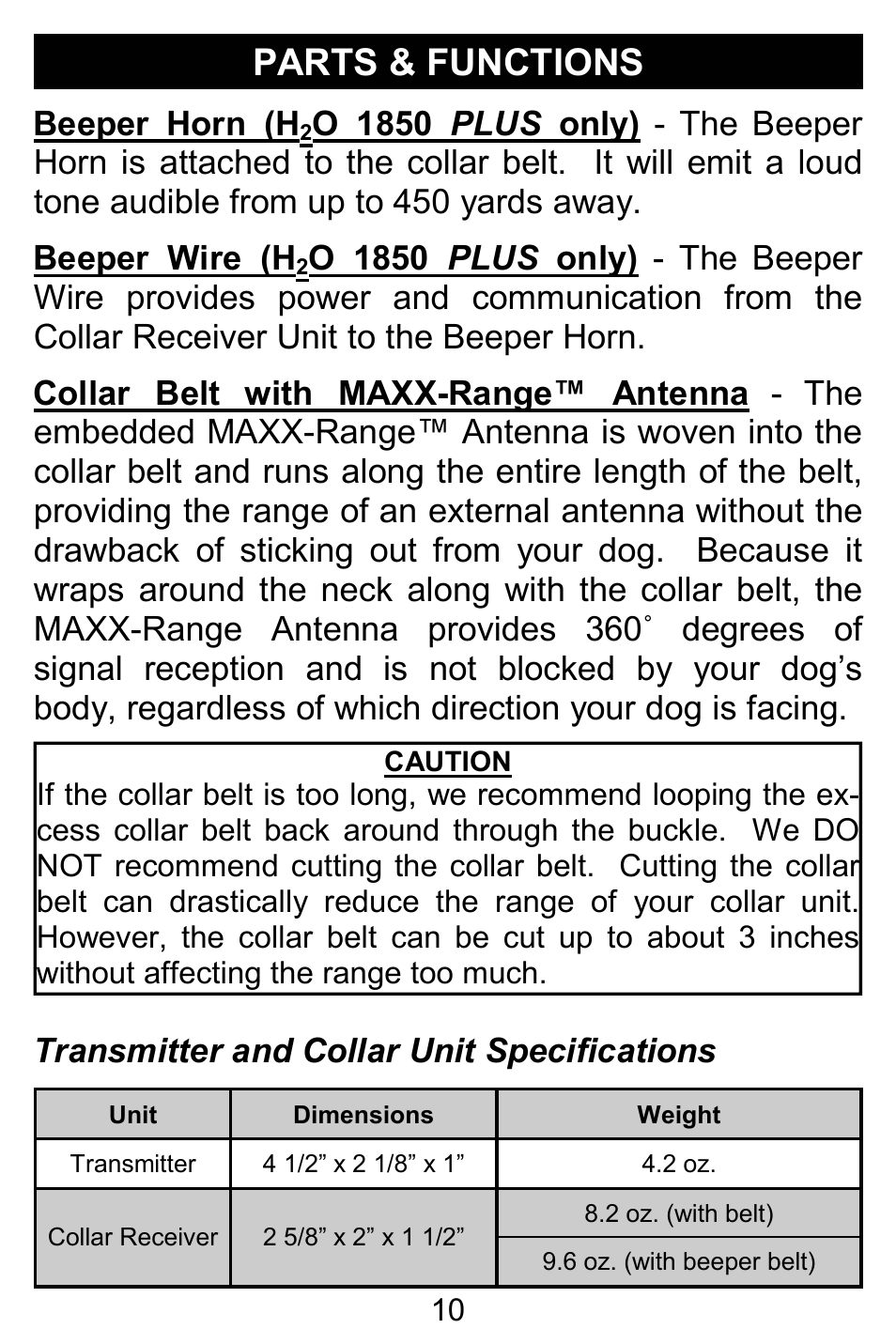 Parts & functions, Beeper horn (h, Transmitter and collar unit specifications | D.T. Systems H2O 1810 PLUS with SmartLED User Manual | Page 10 / 24