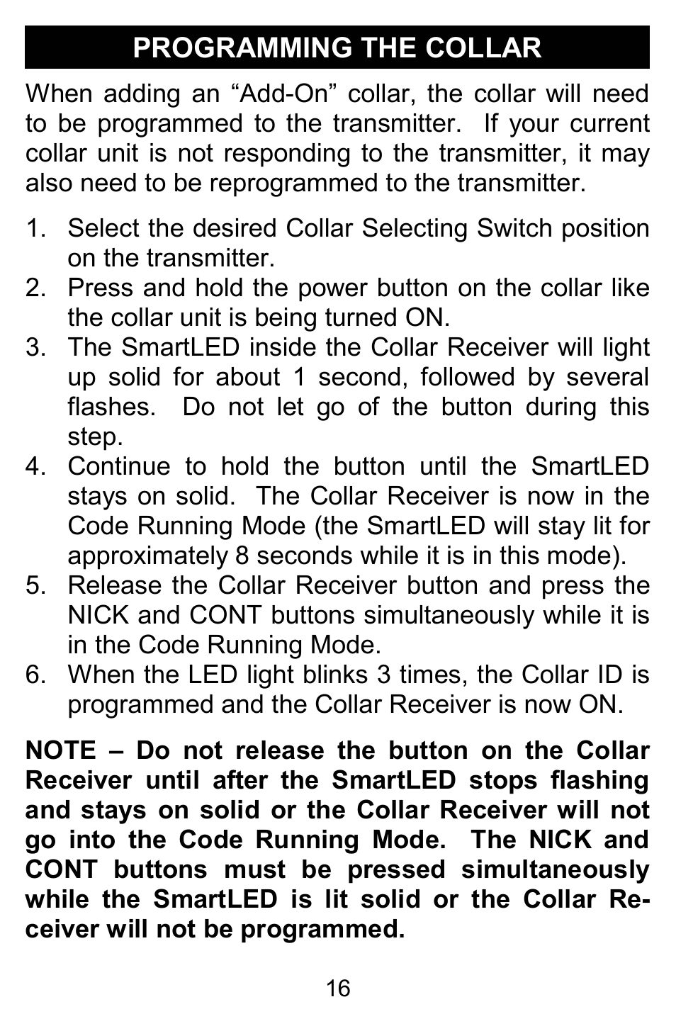 Programming the collar | D.T. Systems H2O 1810 PLUS with SmartLED User Manual | Page 16 / 24