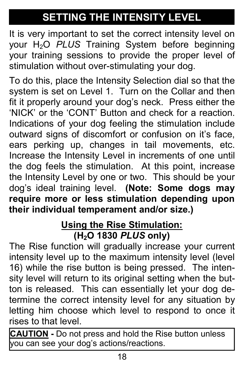 Setting the intensity level, Using the rise stimulation: (h | D.T. Systems H2O 1810 PLUS with SmartLED User Manual | Page 18 / 24