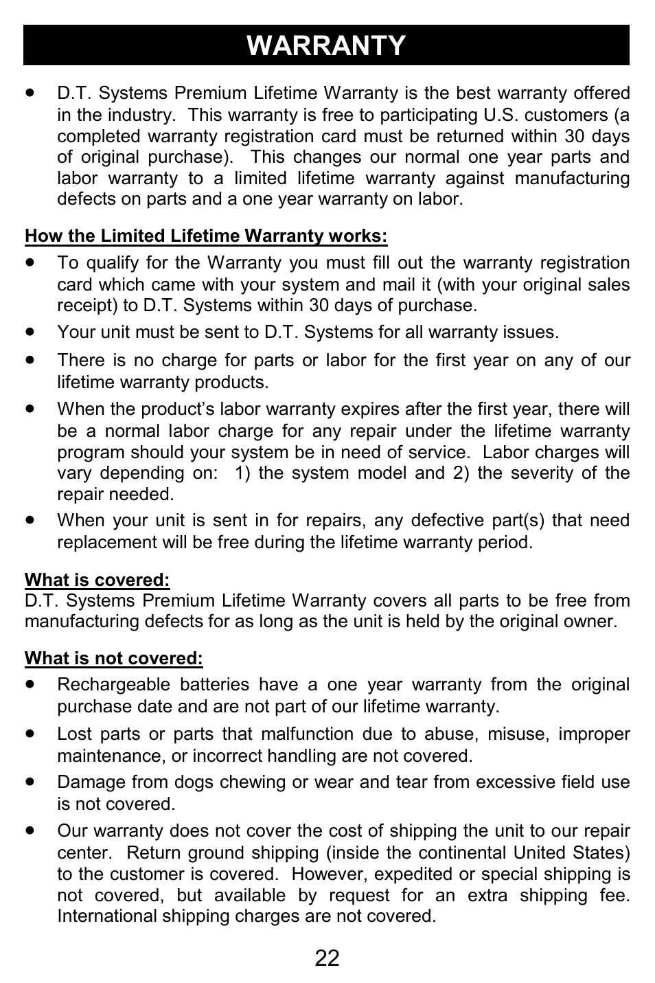 Warranty | D.T. Systems H2O 1810 PLUS with SmartLED User Manual | Page 22 / 24