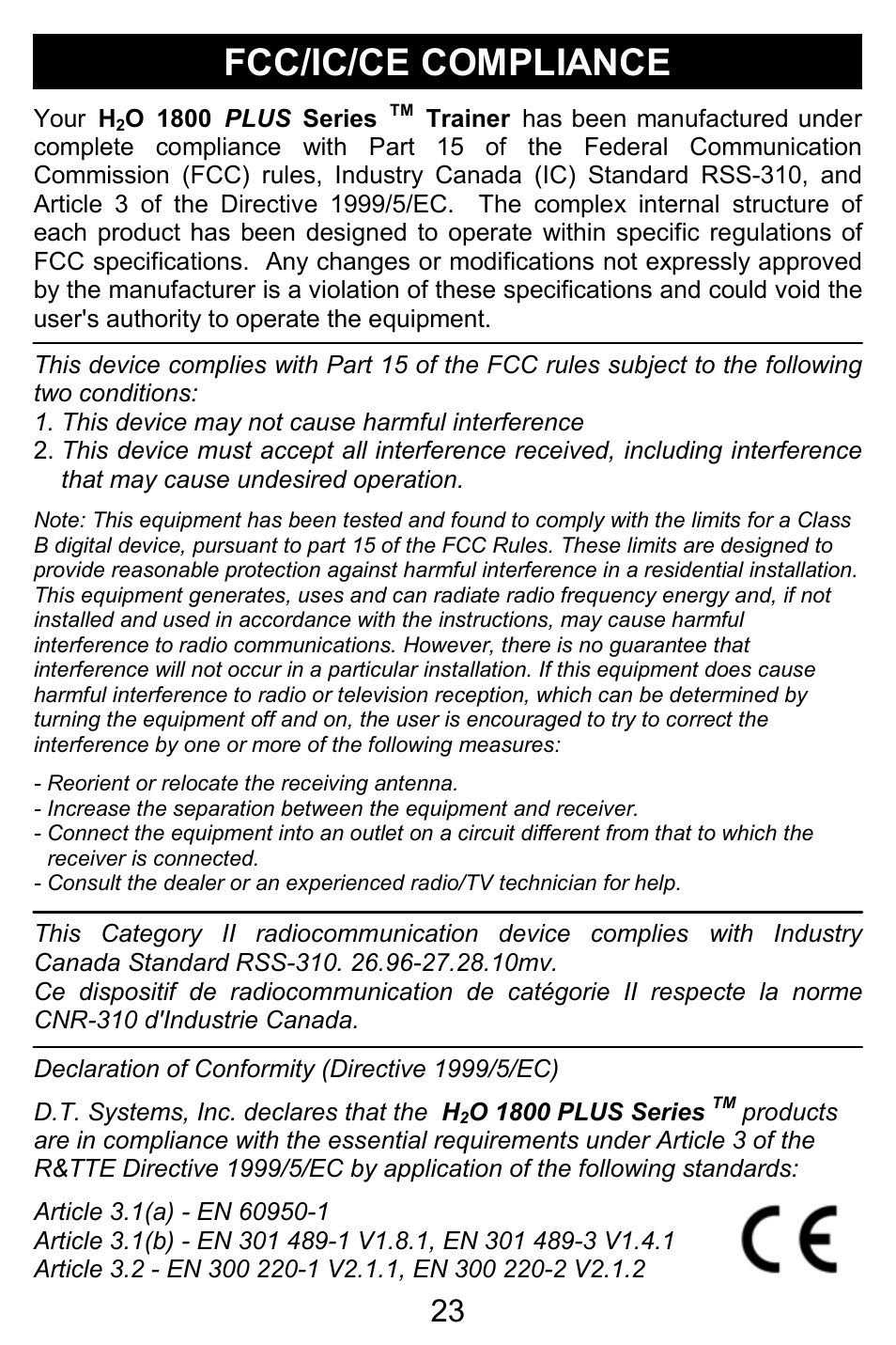 Fcc/ic/ce compliance | D.T. Systems H2O 1810 PLUS with SmartLED User Manual | Page 23 / 24