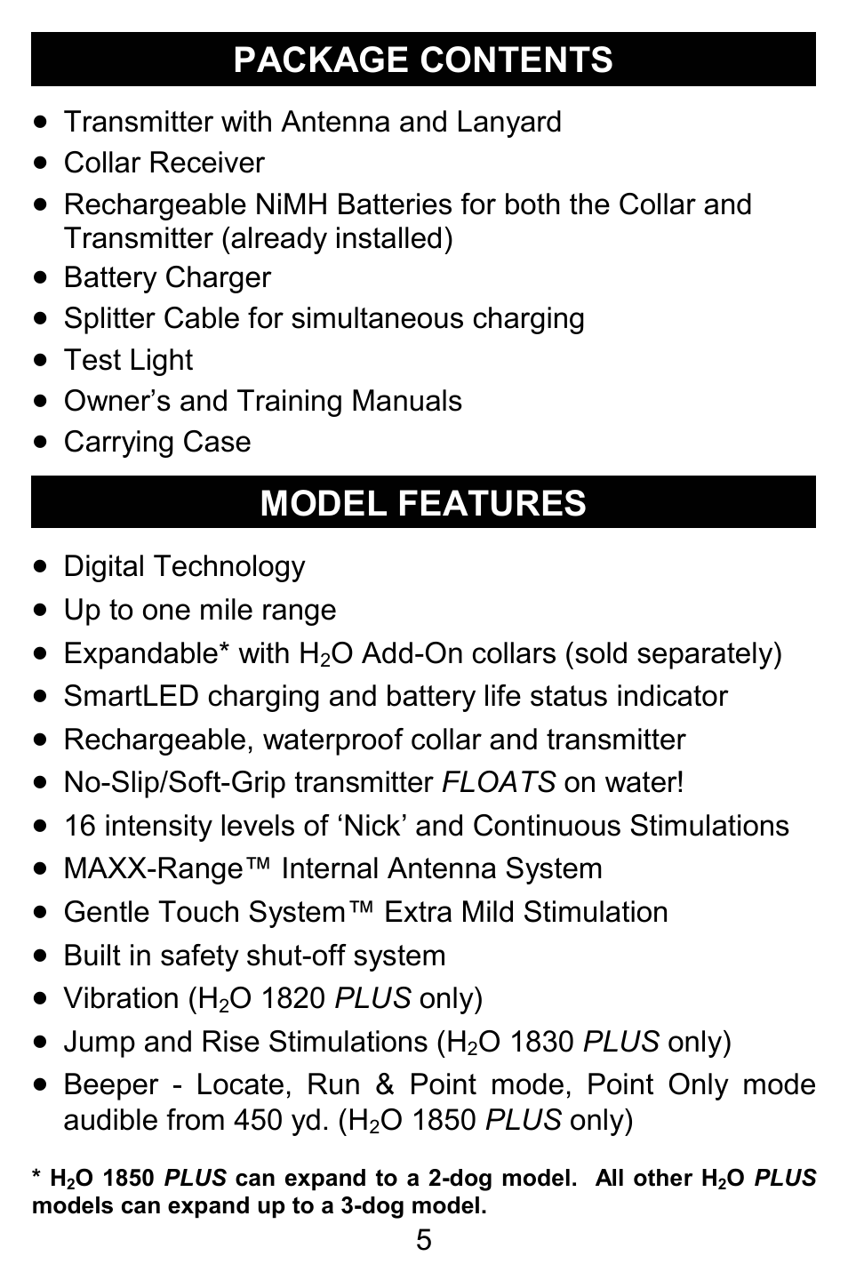 Package contents, Model features | D.T. Systems H2O 1810 PLUS with SmartLED User Manual | Page 5 / 24