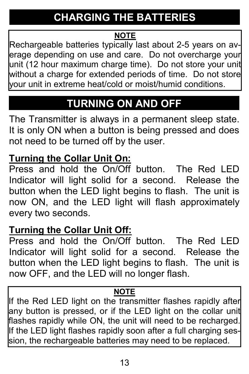 Turning on and off, Charging the batteries | D.T. Systems H2O 1810 PLUS User Manual | Page 13 / 24