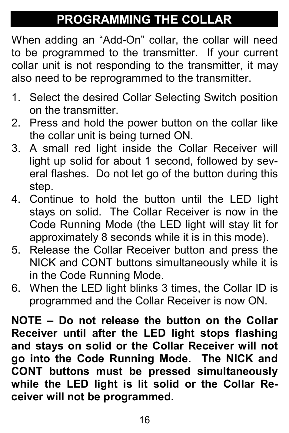Programming the collar | D.T. Systems H2O 1810 PLUS User Manual | Page 16 / 24