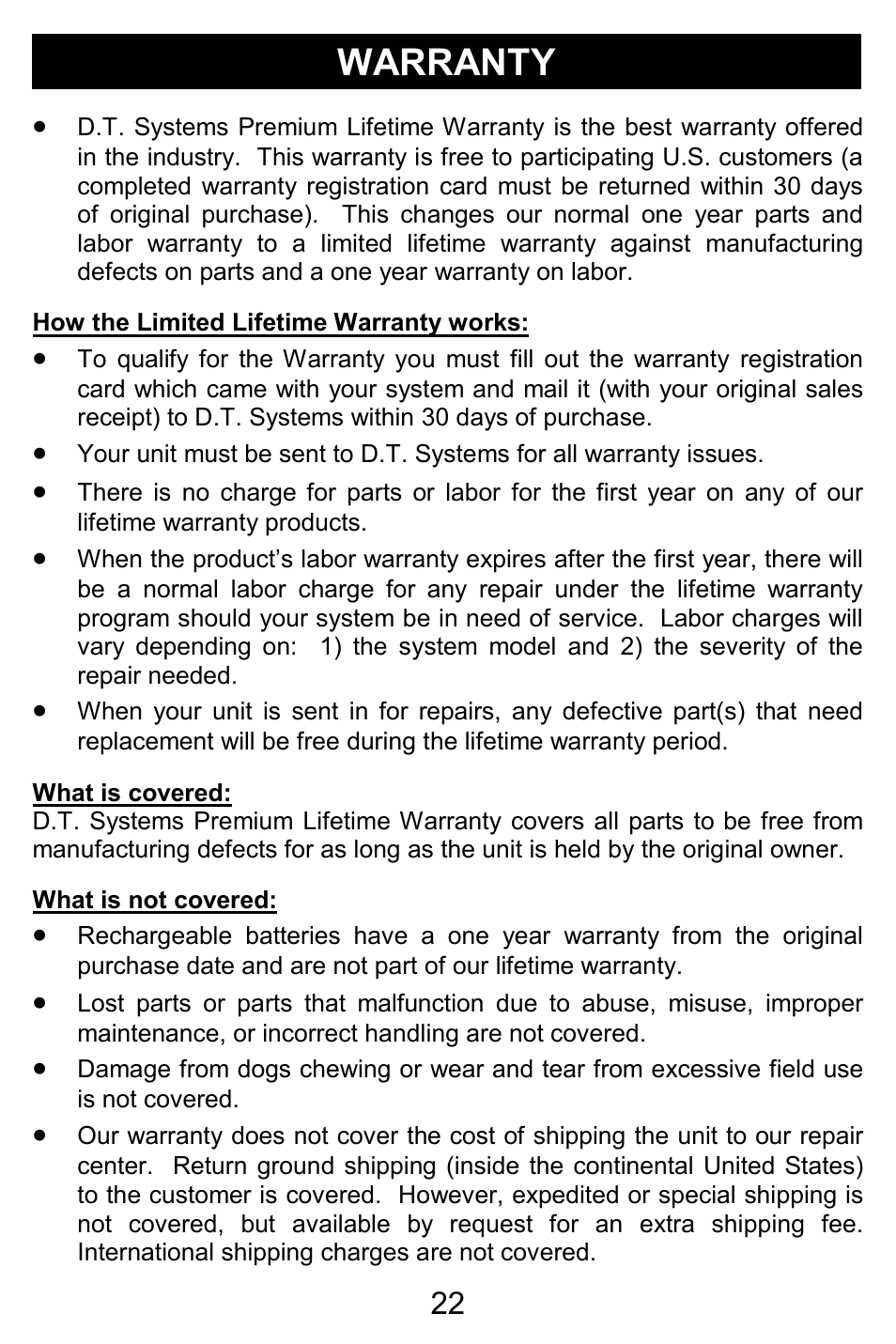 Warranty | D.T. Systems H2O 1810 PLUS User Manual | Page 22 / 24