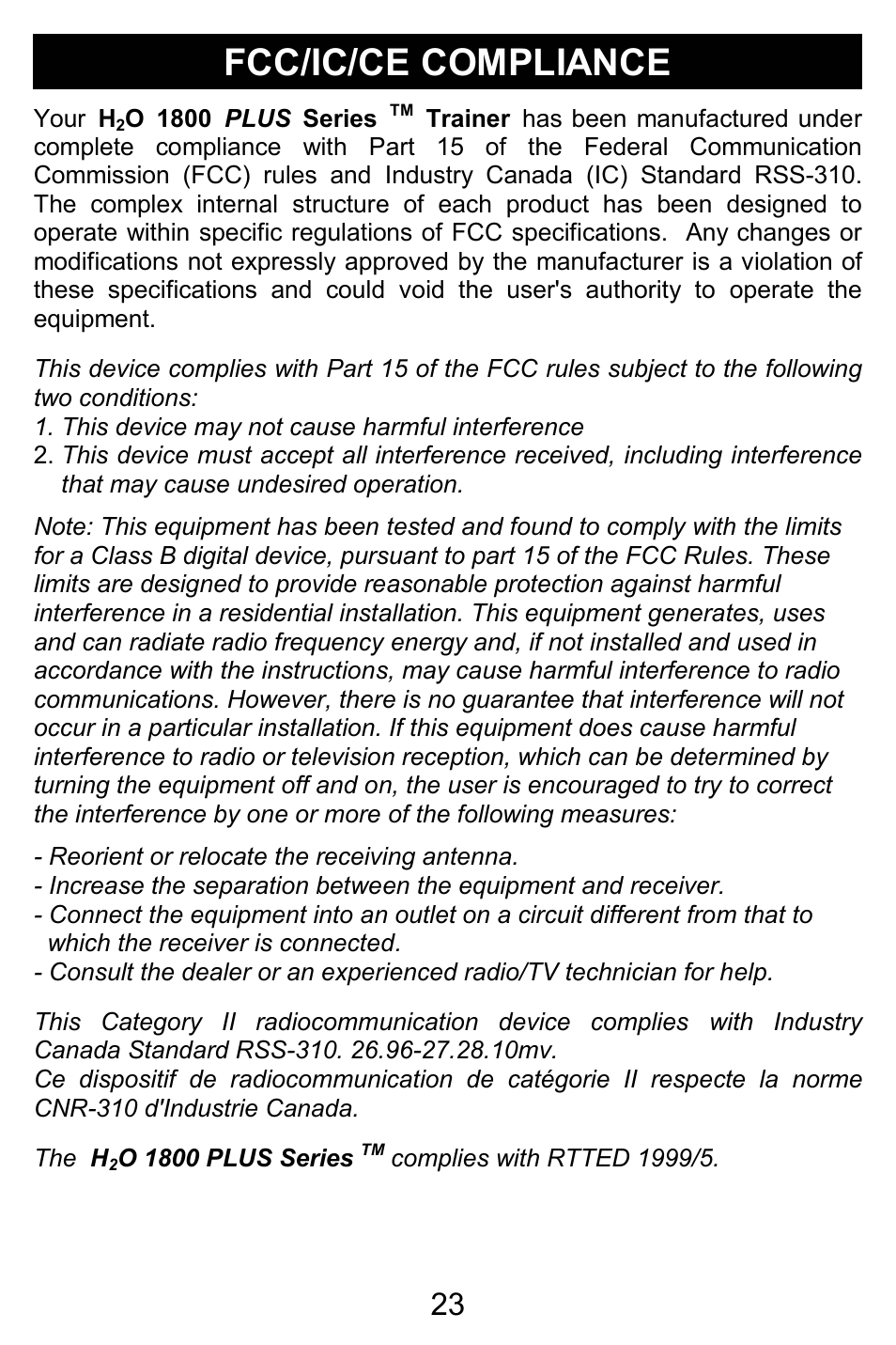 Fcc/ic/ce compliance | D.T. Systems H2O 1810 PLUS User Manual | Page 23 / 24