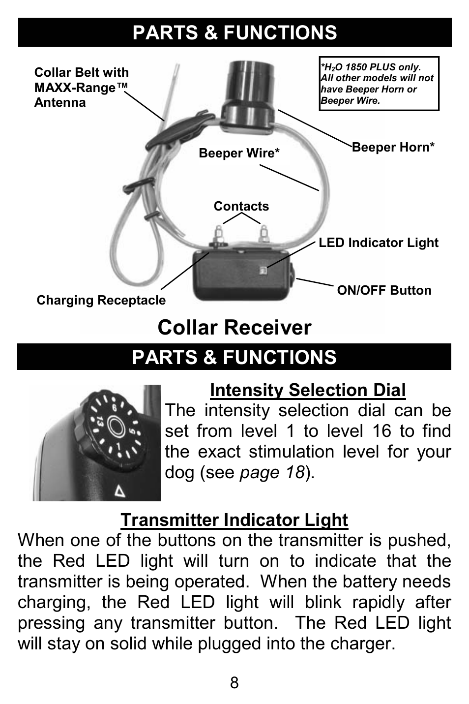 Collar receiver, Parts & functions | D.T. Systems H2O 1810 PLUS User Manual | Page 8 / 24