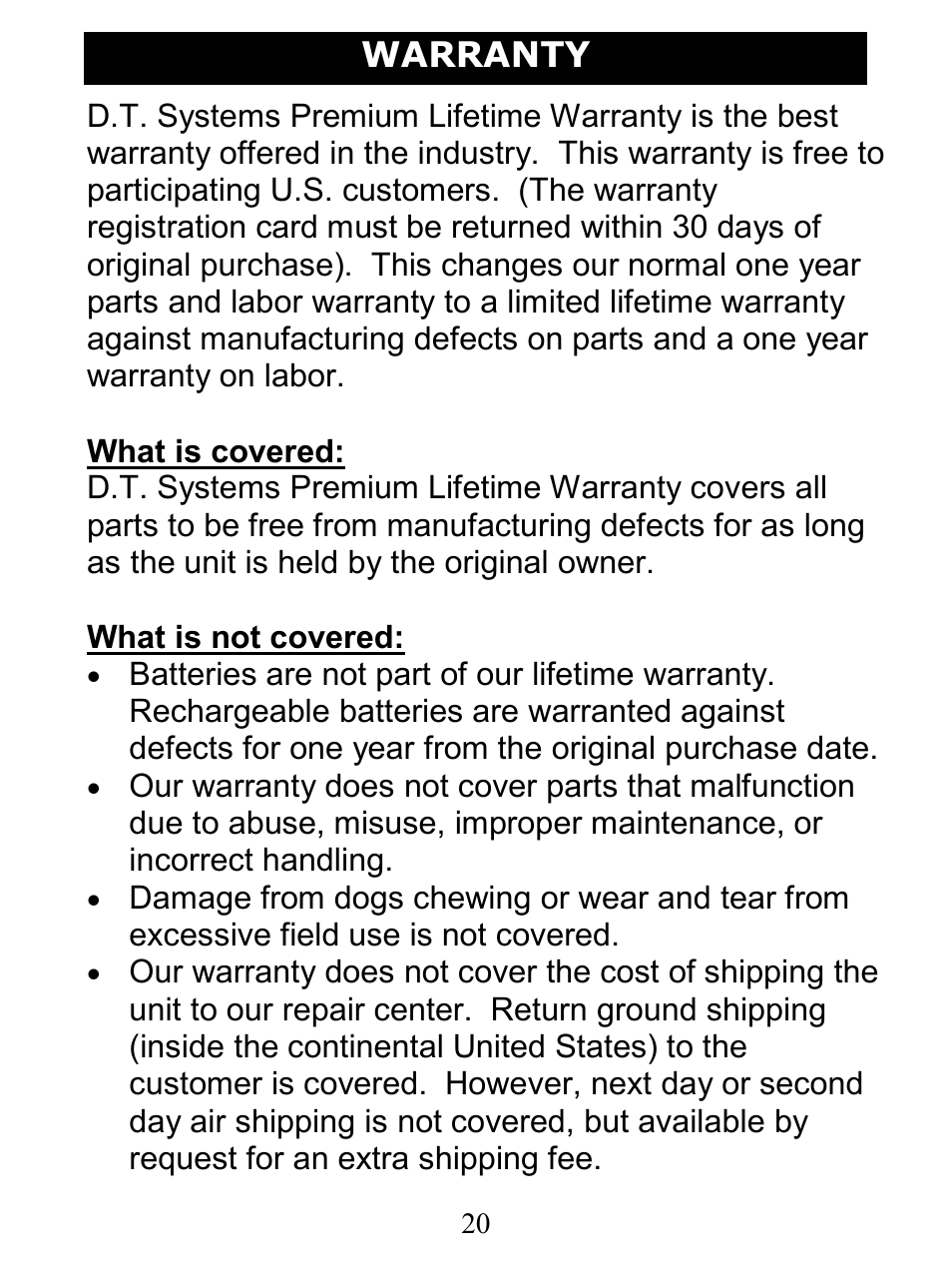 Warranty | D.T. Systems H2O 1810 User Manual | Page 20 / 24