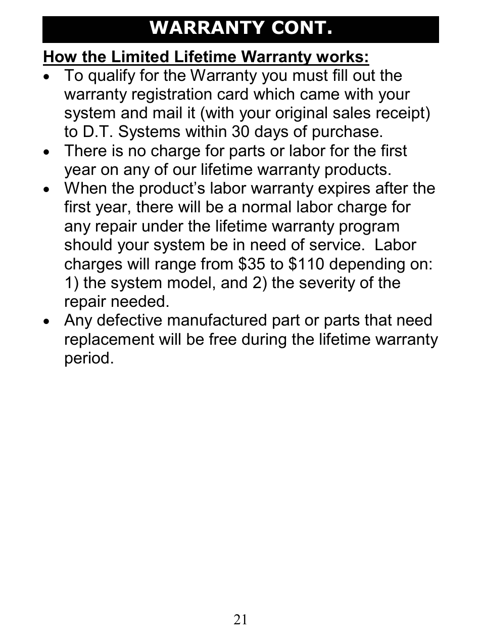 Warranty cont | D.T. Systems H2O 1810 User Manual | Page 21 / 24