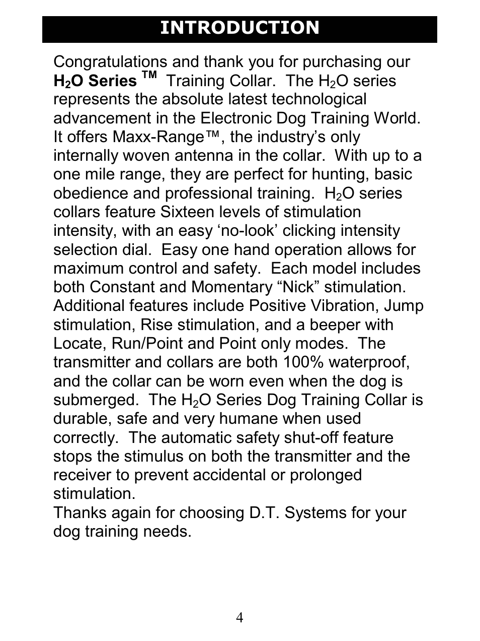 Introduction, O series, Training collar. the h | D.T. Systems H2O 1810 User Manual | Page 4 / 24