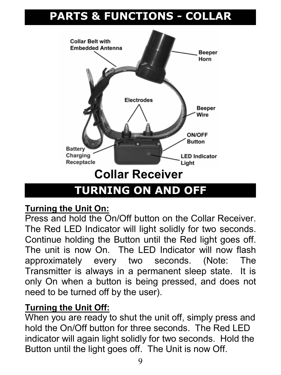 Collar receiver, Turning on and off, Parts & functions - collar | D.T. Systems H2O 1810 User Manual | Page 9 / 24