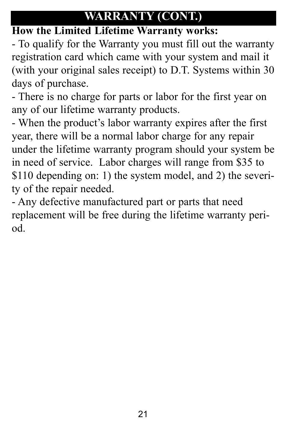 Warranty (cont.) | D.T. Systems SPT 2420 User Manual | Page 21 / 24