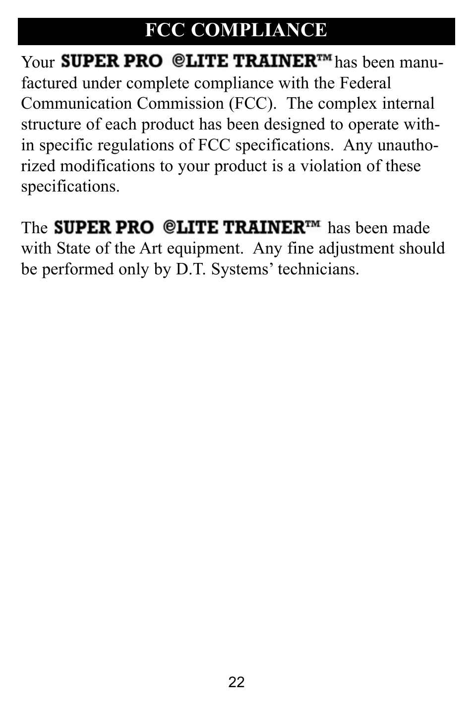Fcc compliance | D.T. Systems SPT 2420 User Manual | Page 22 / 24