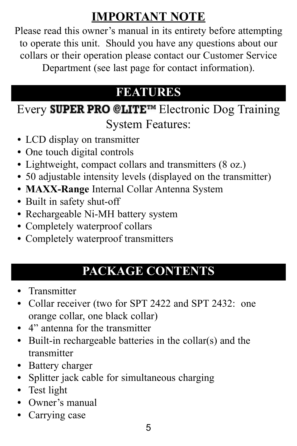 Package contents features, Every electronic dog training system features | D.T. Systems SPT 2420 User Manual | Page 5 / 24