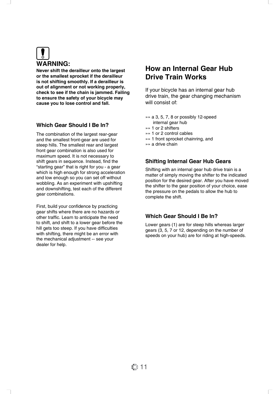 How an internal gear hub drive train works, Warning | DAHON Owner Manual User Manual | Page 11 / 20