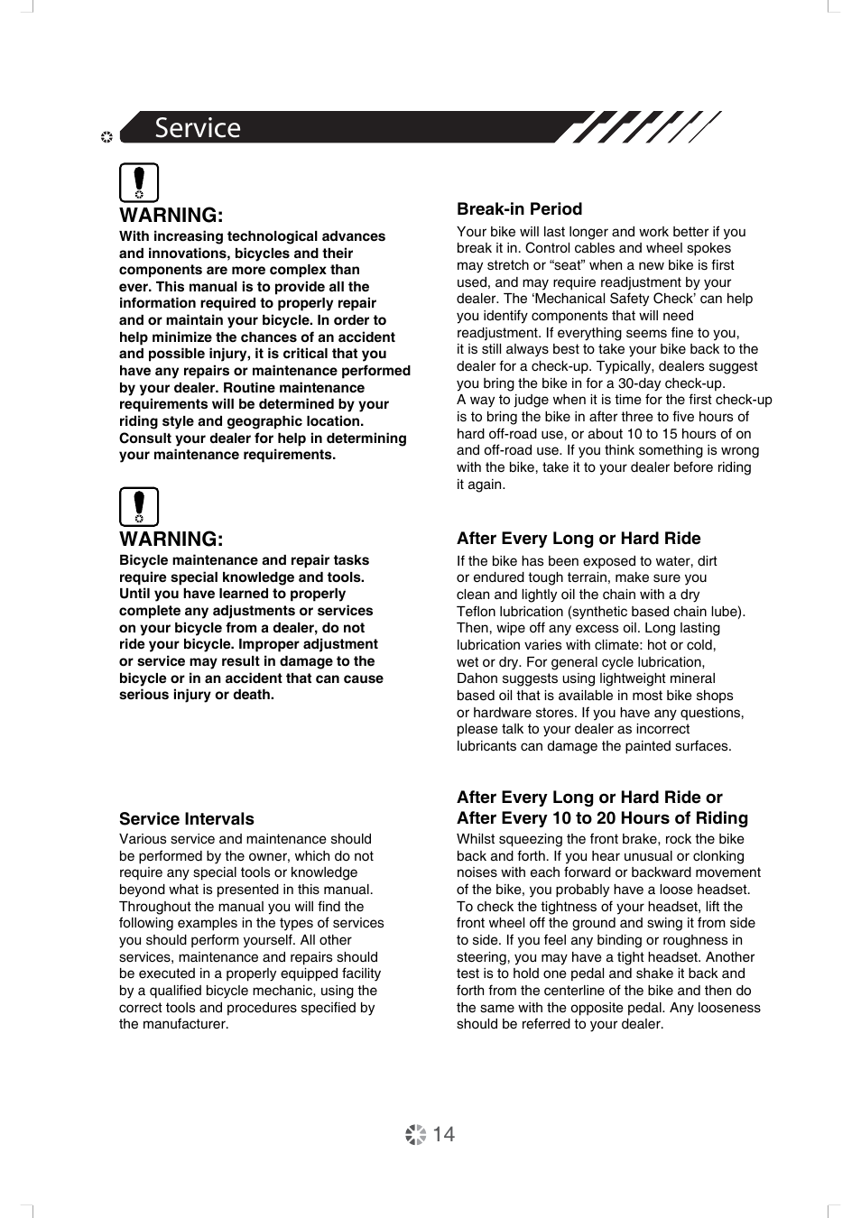 Service | DAHON Owner Manual User Manual | Page 14 / 20