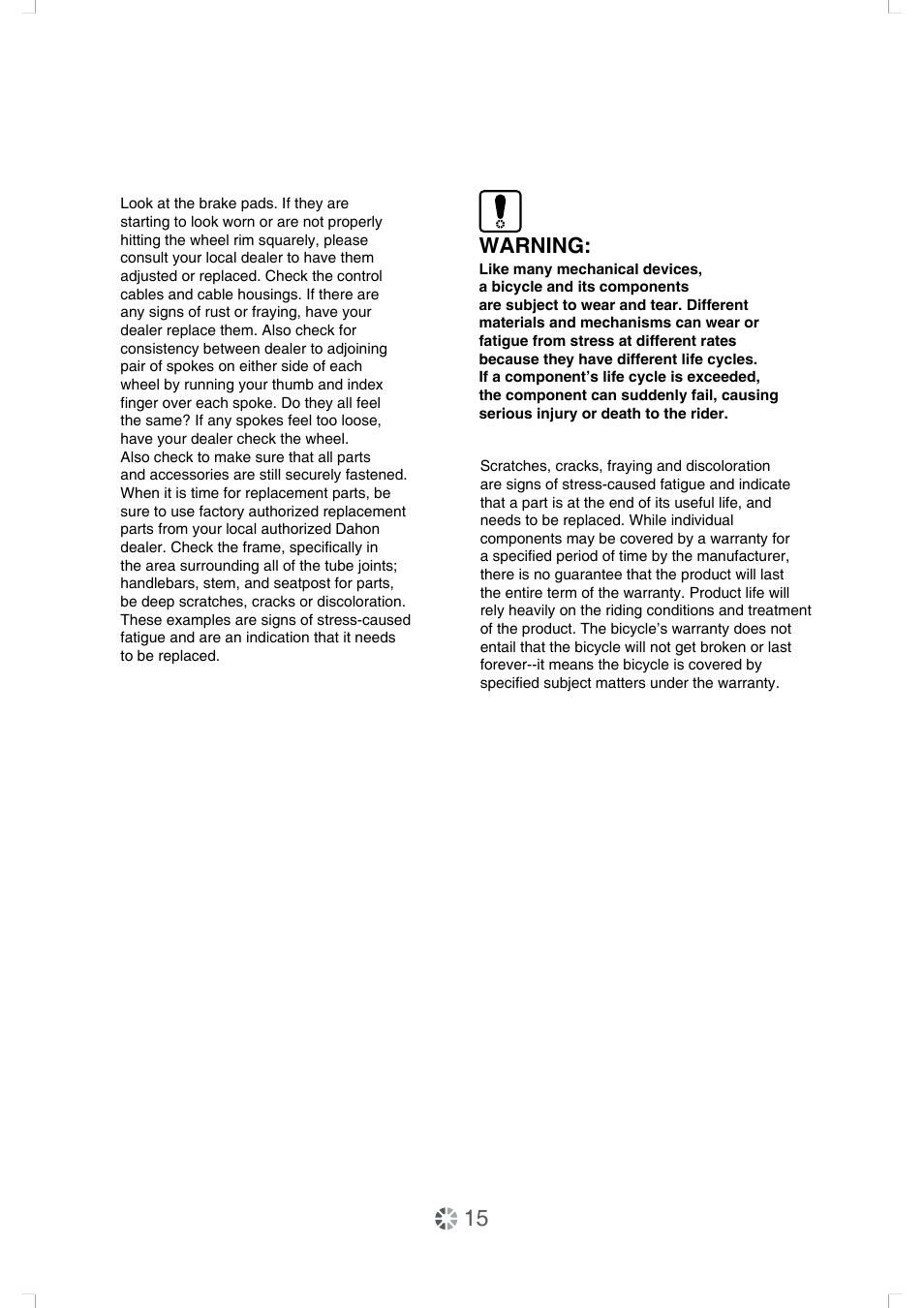 Warning | DAHON Owner Manual User Manual | Page 15 / 20