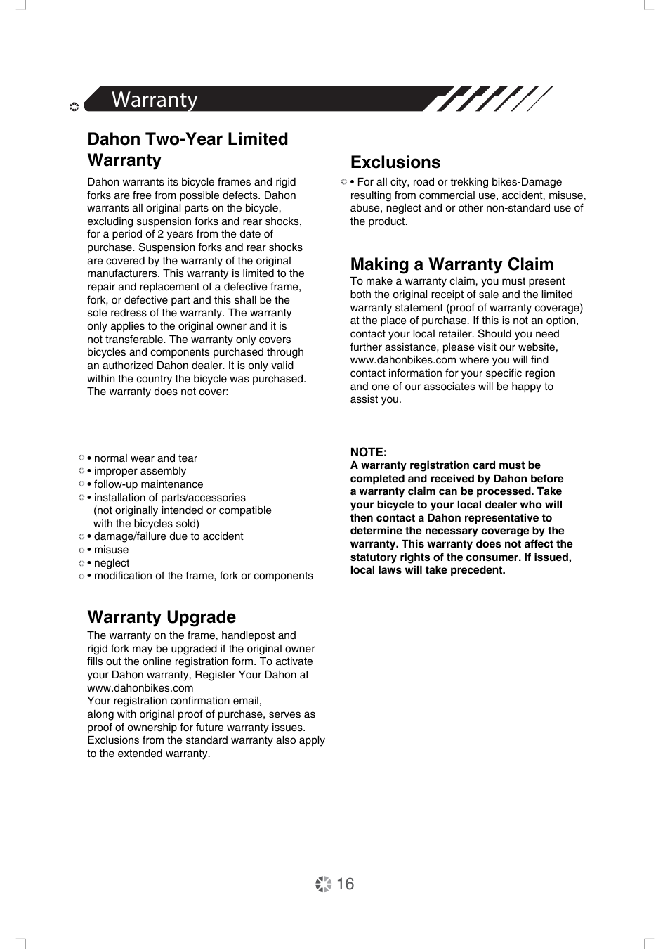 Warranty | DAHON Owner Manual User Manual | Page 16 / 20