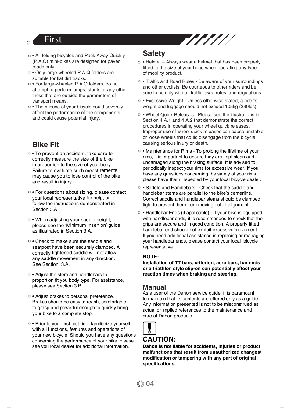 First, Bike fit, Safety | Manual, Caution | DAHON Owner Manual User Manual | Page 4 / 20