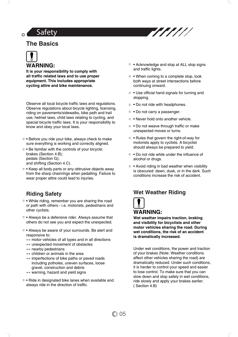 Safety, The basics, Warning | Riding safety, Wet weather riding | DAHON Owner Manual User Manual | Page 5 / 20