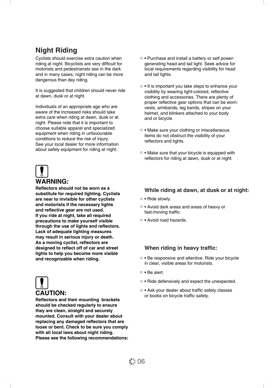 Night riding, Warning, Caution | DAHON Owner Manual User Manual | Page 6 / 20