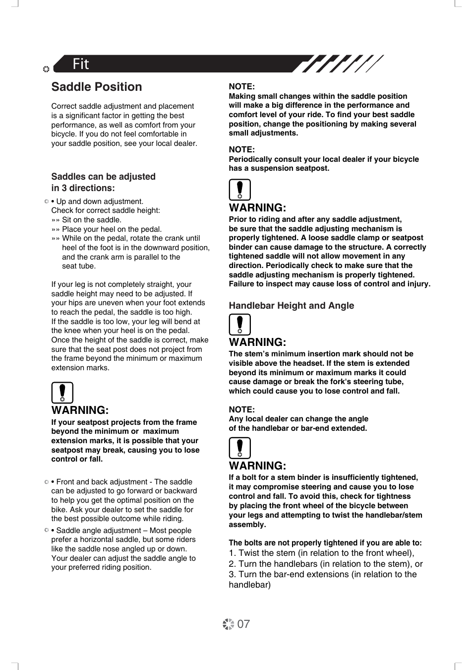 Saddle position, Warning | DAHON Owner Manual User Manual | Page 7 / 20